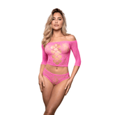Wide Awake Rhinestone Lace Knit Off-Shoulder Top and Panty Dancewear Set
